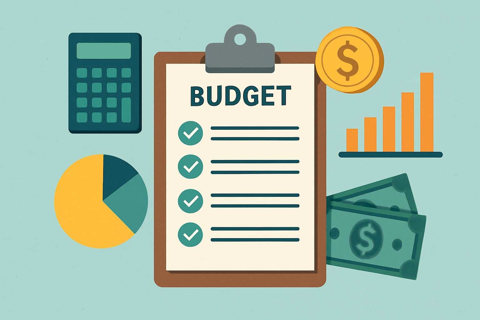 Budgeting methods illustrated with envelopes, pie chart, jars, calendar, and calculator