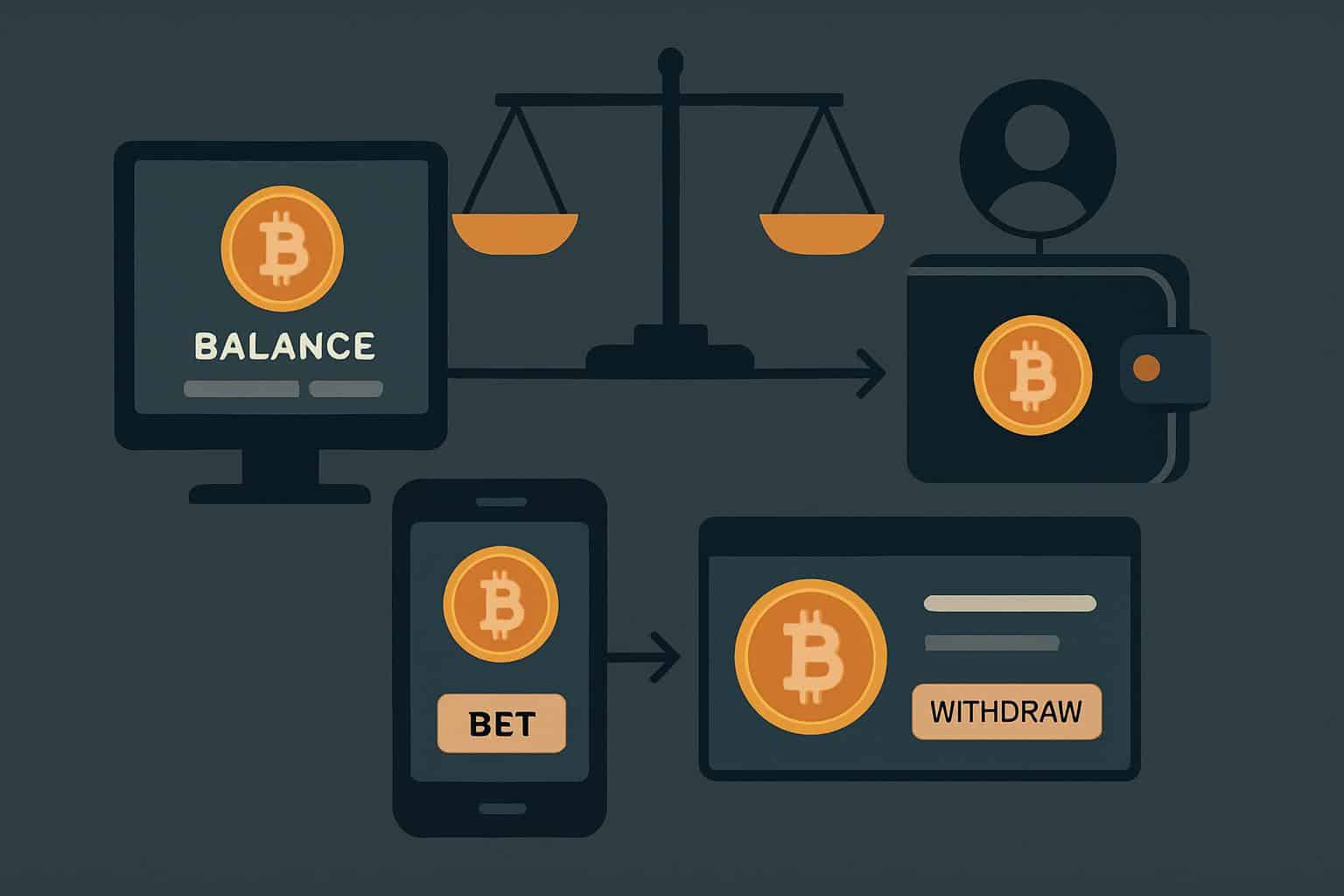 Custodial crypto betting balance ledger, no private keys, unknown assets, fees, and limits