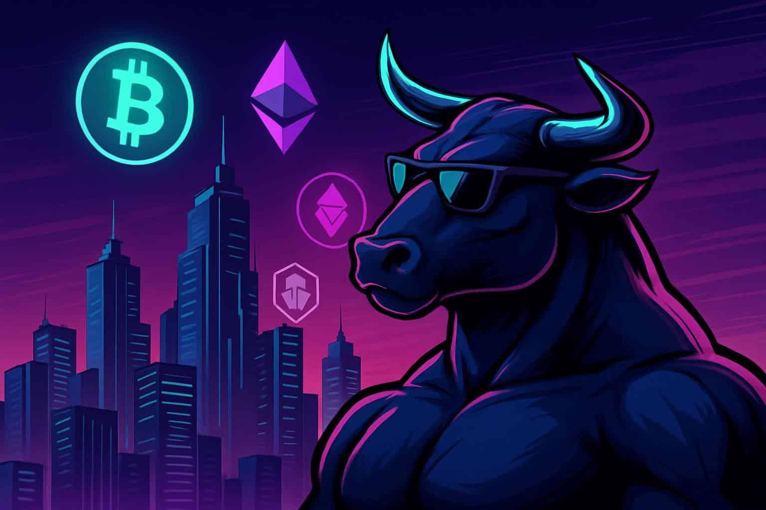 crypto30x.com gigachad: low-angle monolithic crypto bull icon with neon glow