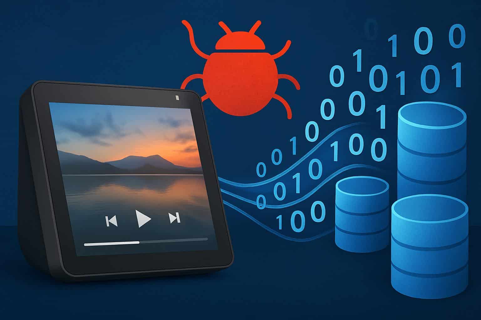 Echo Show with warning icon and Wi‑Fi data meter spiking from bug draining gigabytes