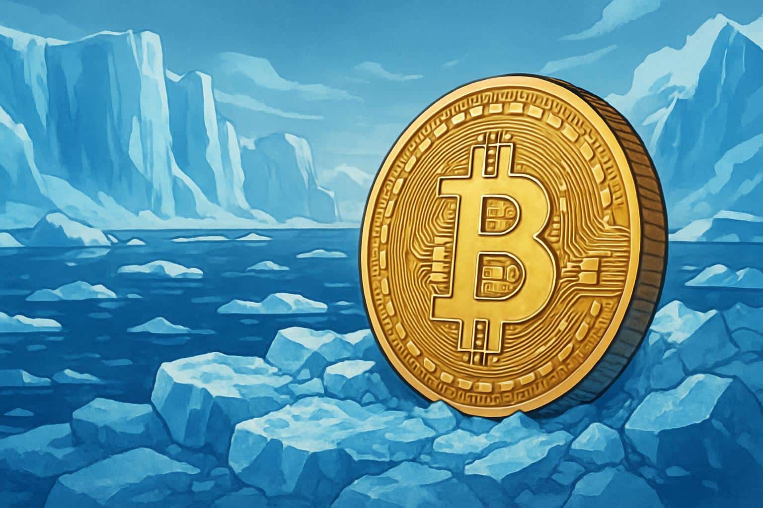 Bitcoin and Ethereum coins frozen in ice with rising candlestick chart, crypto ICE theme