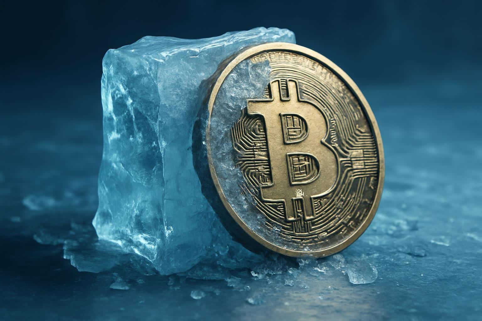crypto30x.com ICE: icy crypto coin and blockchain nodes in frozen shards, isometric view