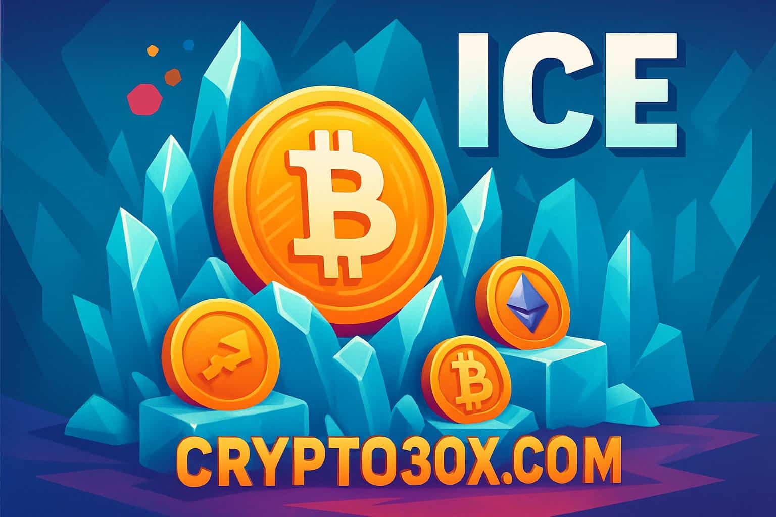 crypto30x.com ICE token in icy blockchain scene with frozen coin and glowing blue network