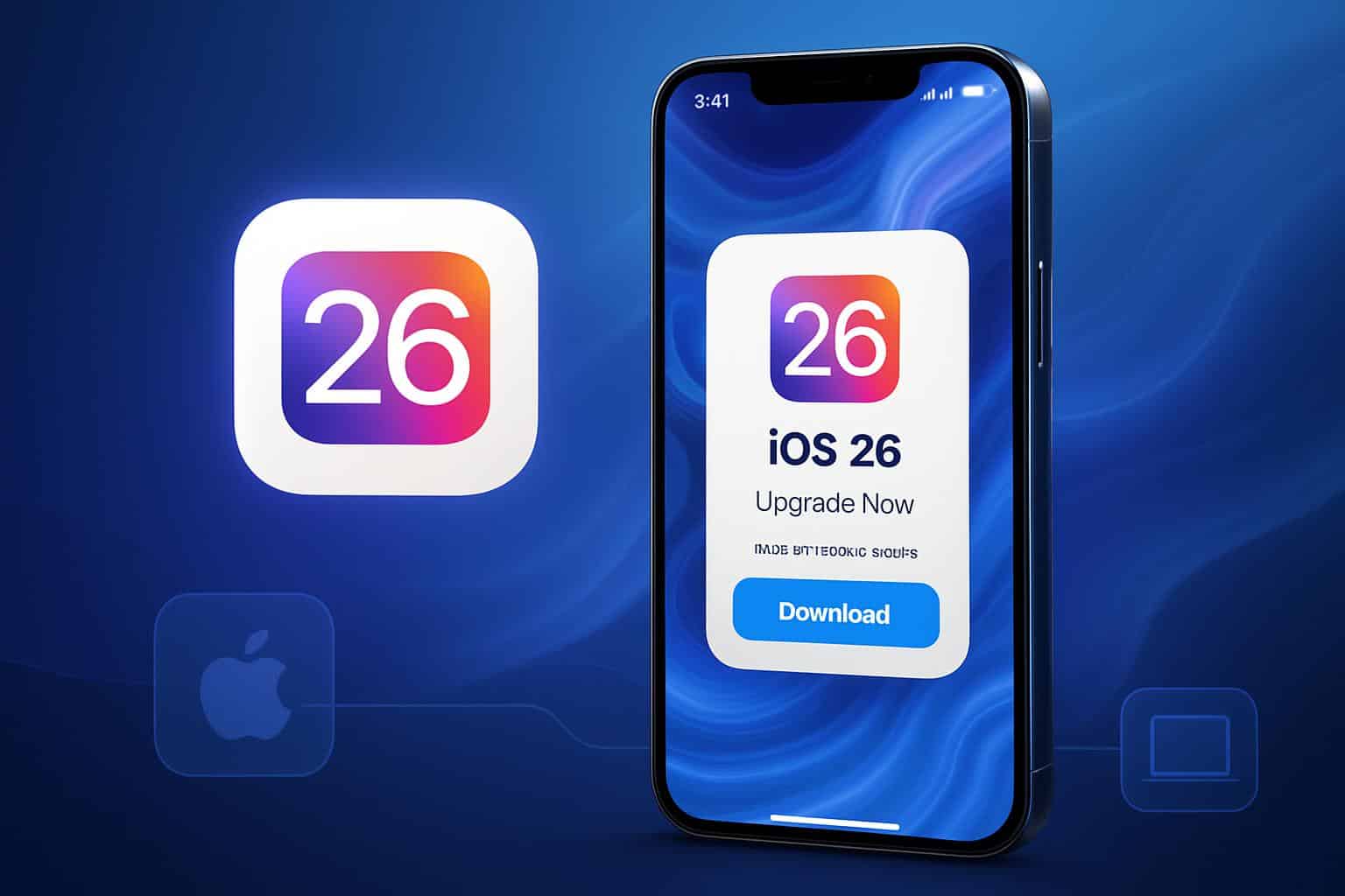 iOS 26 update on iPhone screen with Apple logo and feature icons