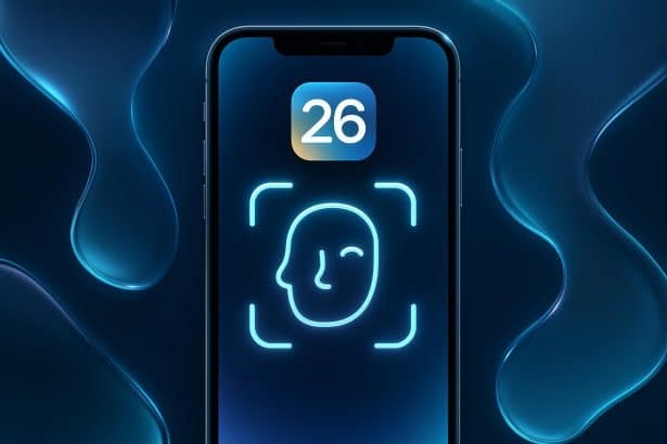 iOS 26 Liquid Glass interface with Face ID facial recognition on iPhone
