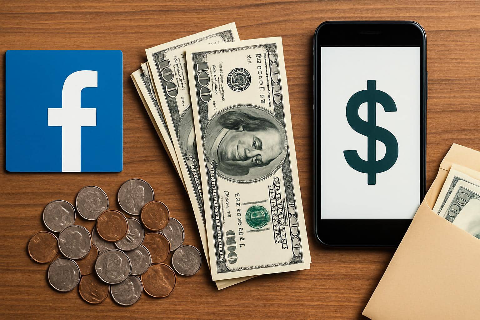 Facebook settlement payouts arriving, cash and check beside Facebook logo