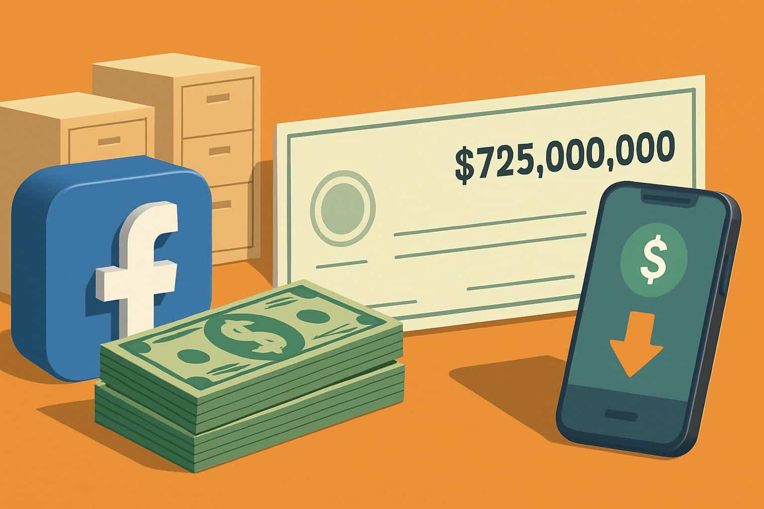 Facebook $725M class-action settlement payouts start, logo with cash representing payments