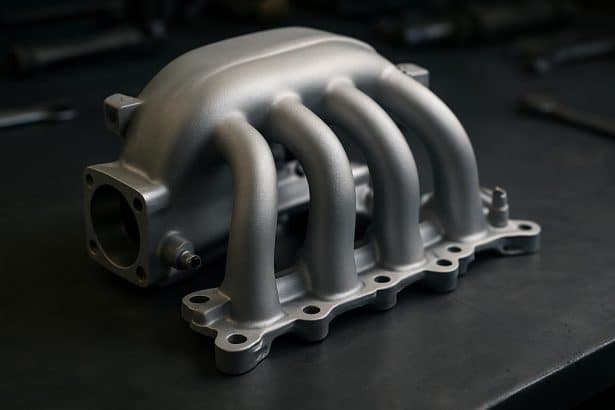 Close-up of a polished aluminum intake manifold with curved runners in automotive engine bay