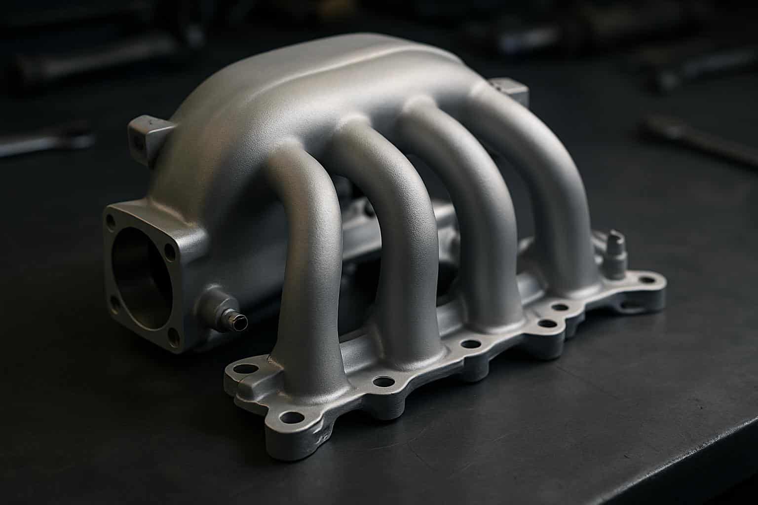 Close-up of a polished aluminum intake manifold with curved runners in automotive engine bay