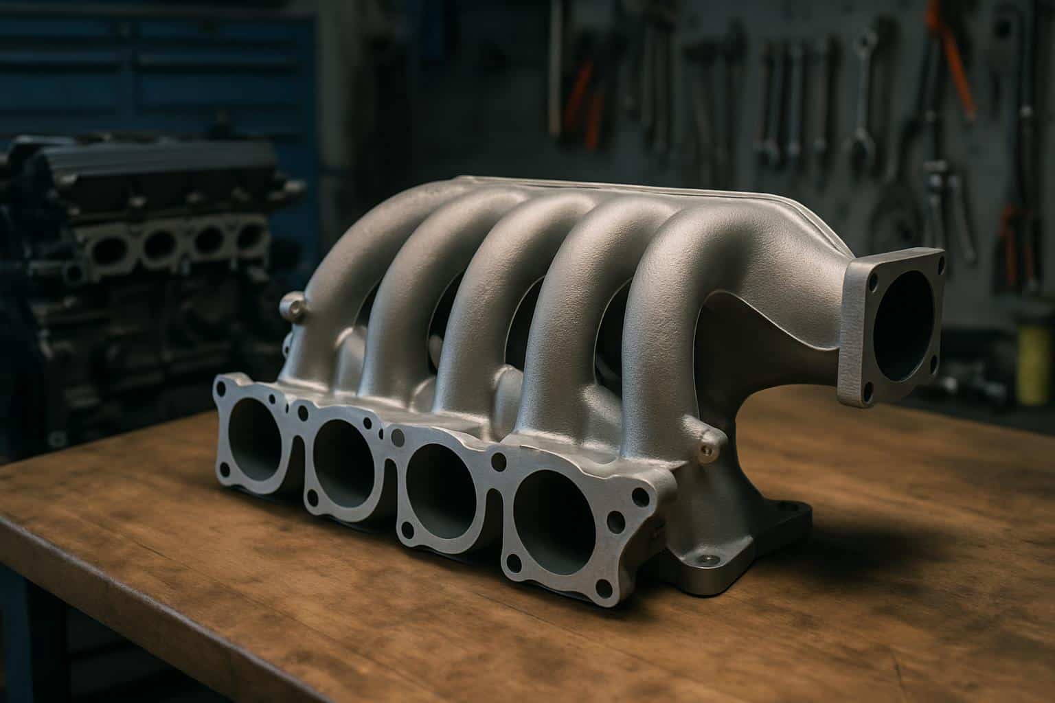 Automotive intake manifold with plenum and runners mounted on a car engine