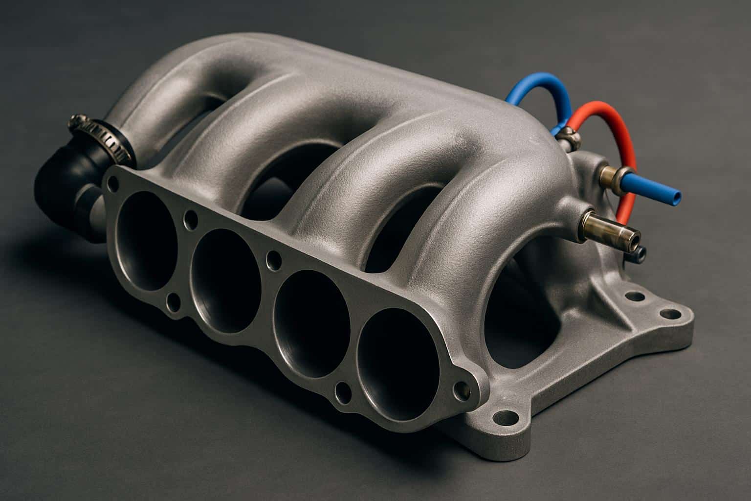 3D render of automotive intake manifold, unique angled view showing plenum and runners