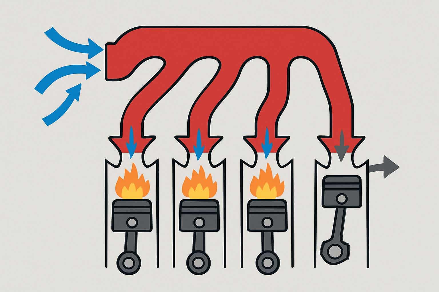 Conceptual diagram of engine intake manifold airflow: plenum, runners, throttle body to cylinders