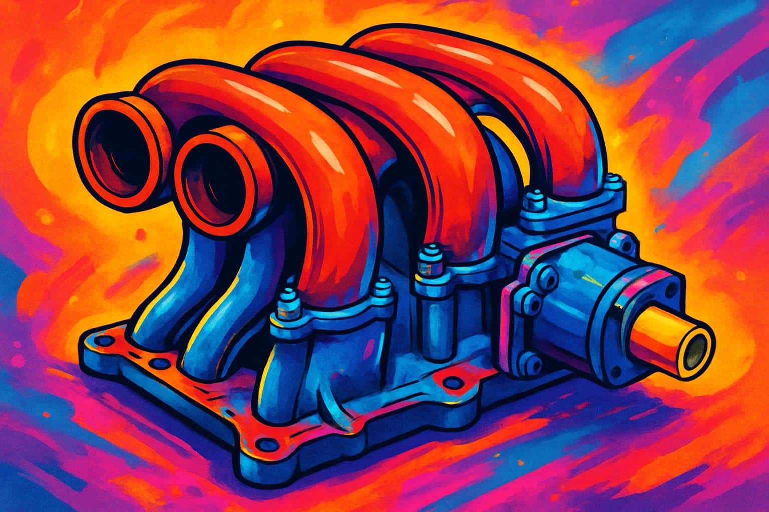 Vibrant close-up of polished aluminum intake manifold with curved runners on a performance engine