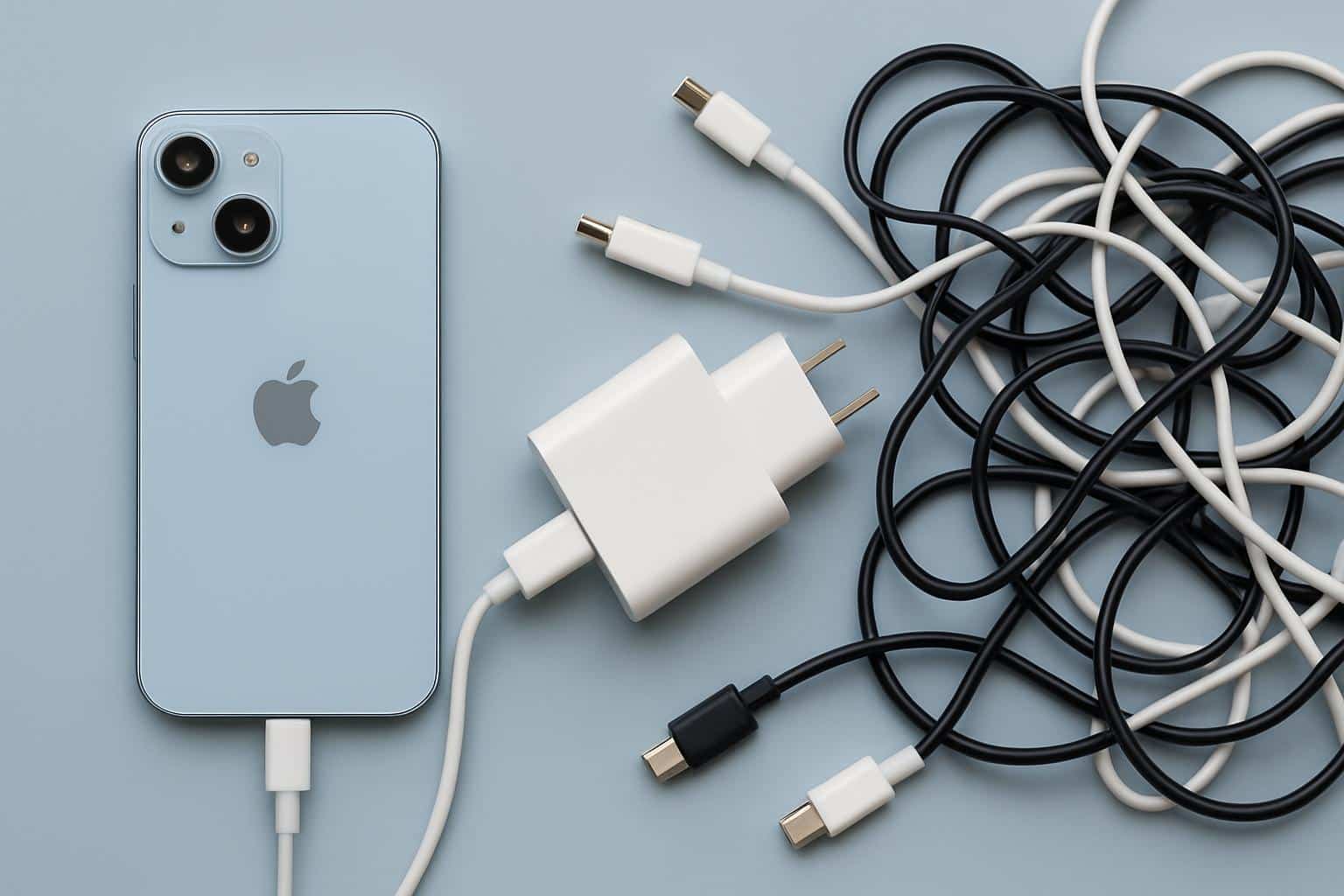 iPhone 17 with tangled USB-C cables, illustrating messy charging standards