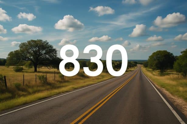 Texas map highlighting the 830 area code region in the Hill Country at sunset