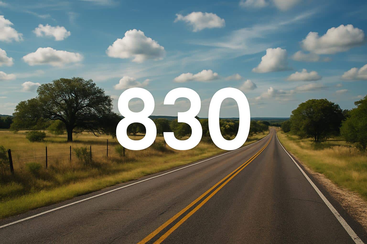 Texas map highlighting the 830 area code region in the Hill Country at sunset