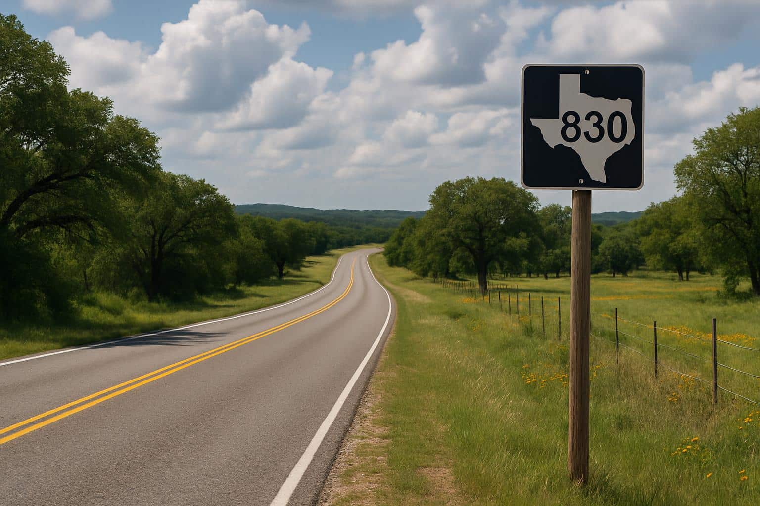 Map of Texas Hill Country highlighting 830 area code cities: New Braunfels, Kerrville, Del Rio