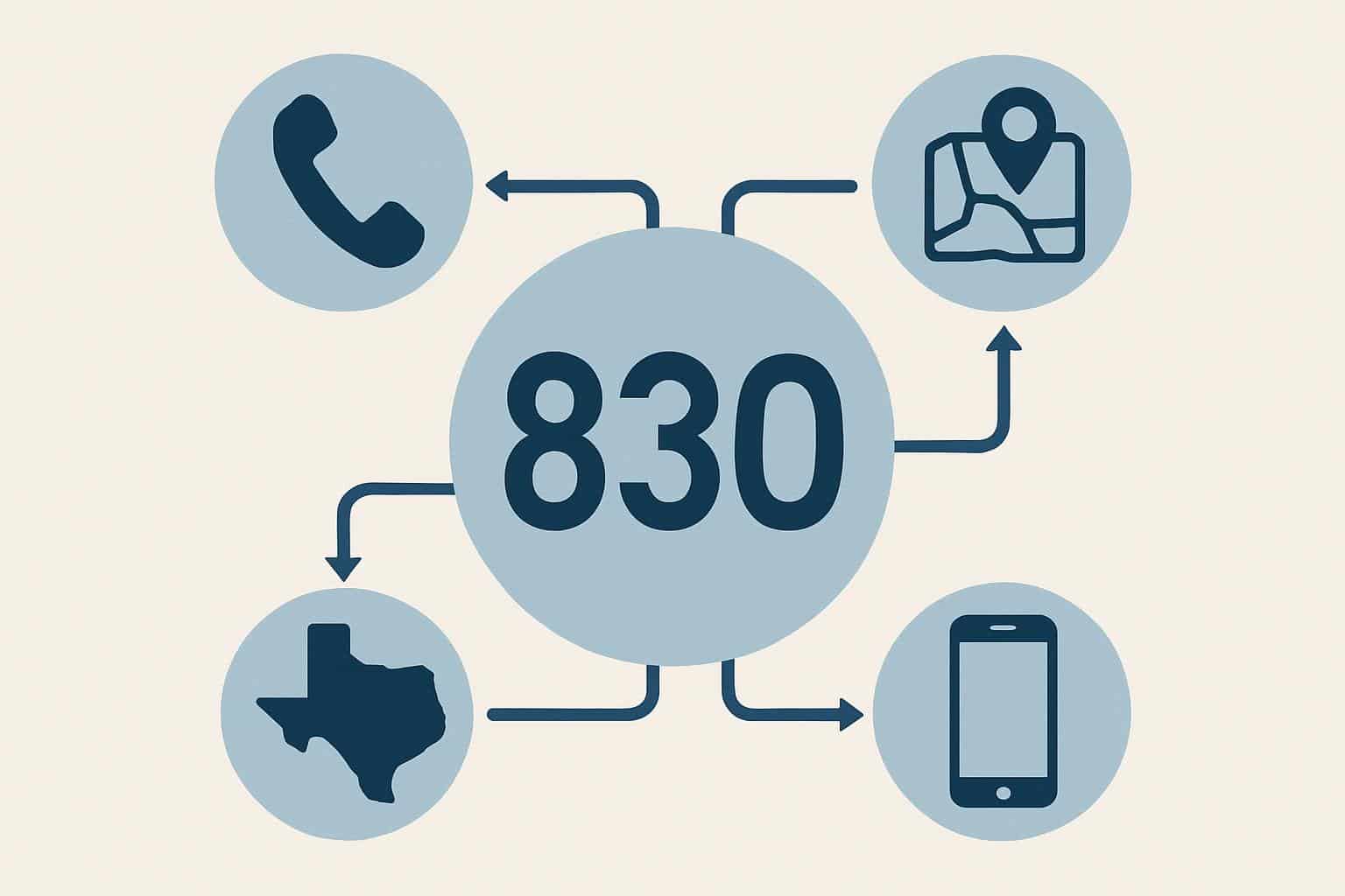 Texas outline highlighting 830 area code with network nodes and call flow arrows