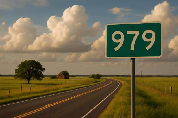 Texas map with 979 area code highlighted around Bryan–College Station and Bay City
