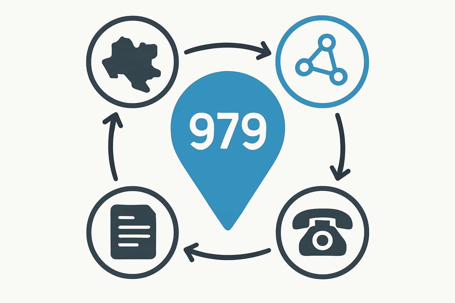 Network diagram of 979 area code exchanges, coverage, and call flow in southeast Texas