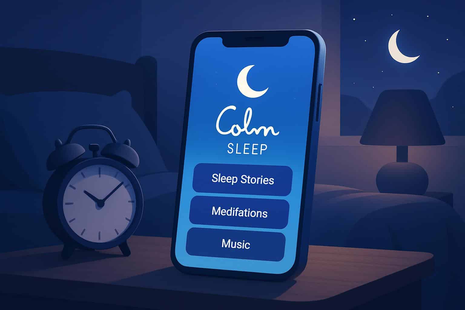 Calm launches standalone iOS sleep assistance app, iPhone with moon and star icons