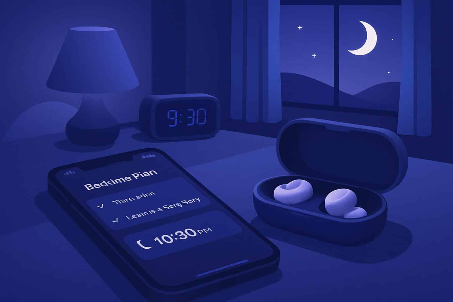 Calm Sleep app on phone showing personalized bedtime plan next to wireless earbuds