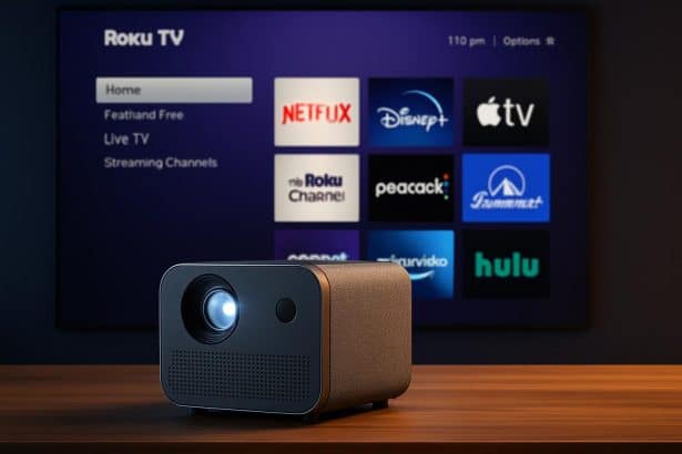 Roku TV smart projector projecting the Roku home screen onto a living room wall
