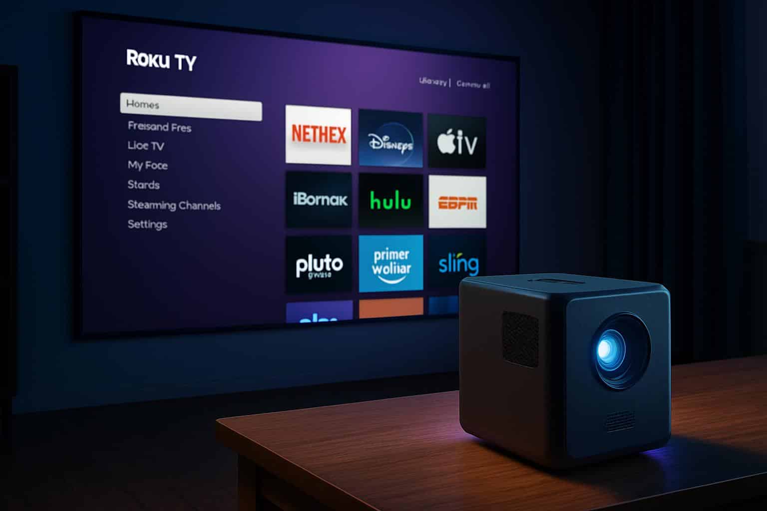 First smart projector with Roku TV built in, product concept illustration