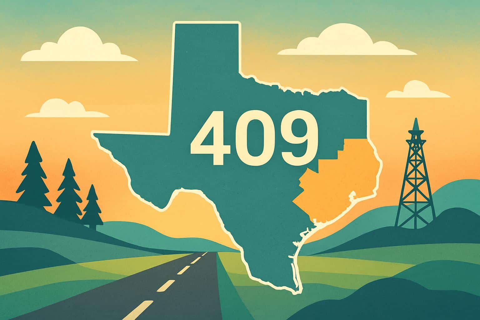 Map of Southeast Texas highlighting 409 area code region along the Gulf Coast near Beaumont
