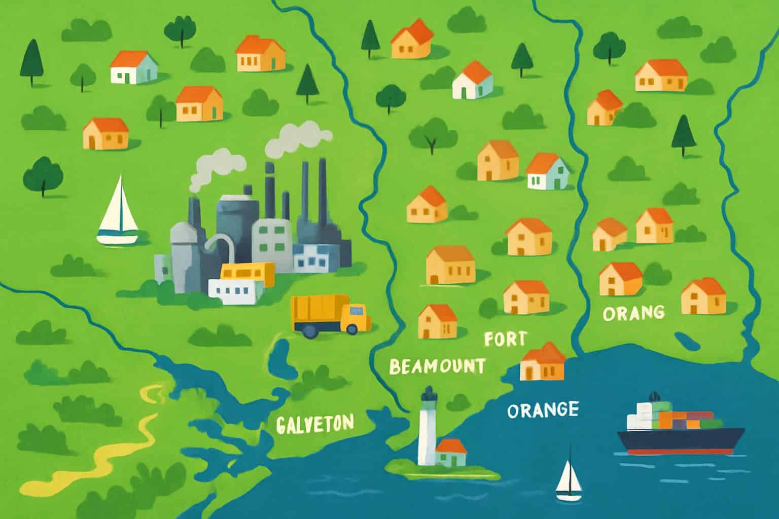 Southeast Texas area code 409 map highlighting Golden Triangle, Galveston, ports and coastal towns