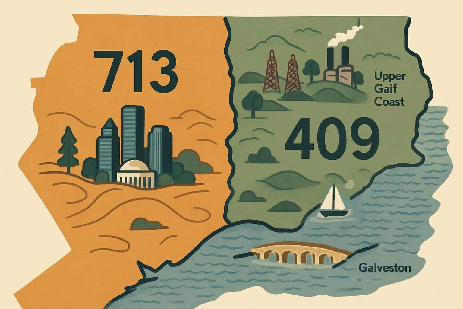 Southeast Texas area code map: 409 split from 713, Golden Triangle and Galveston highlighted
