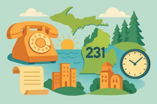 Michigan Lower Peninsula map highlighting 231 area code: Traverse City, Muskegon, Eastern Time
