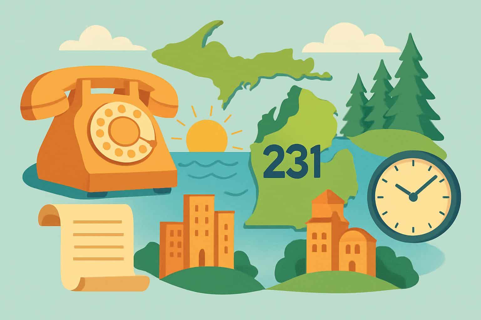 Michigan Lower Peninsula map highlighting 231 area code: Traverse City, Muskegon, Eastern Time