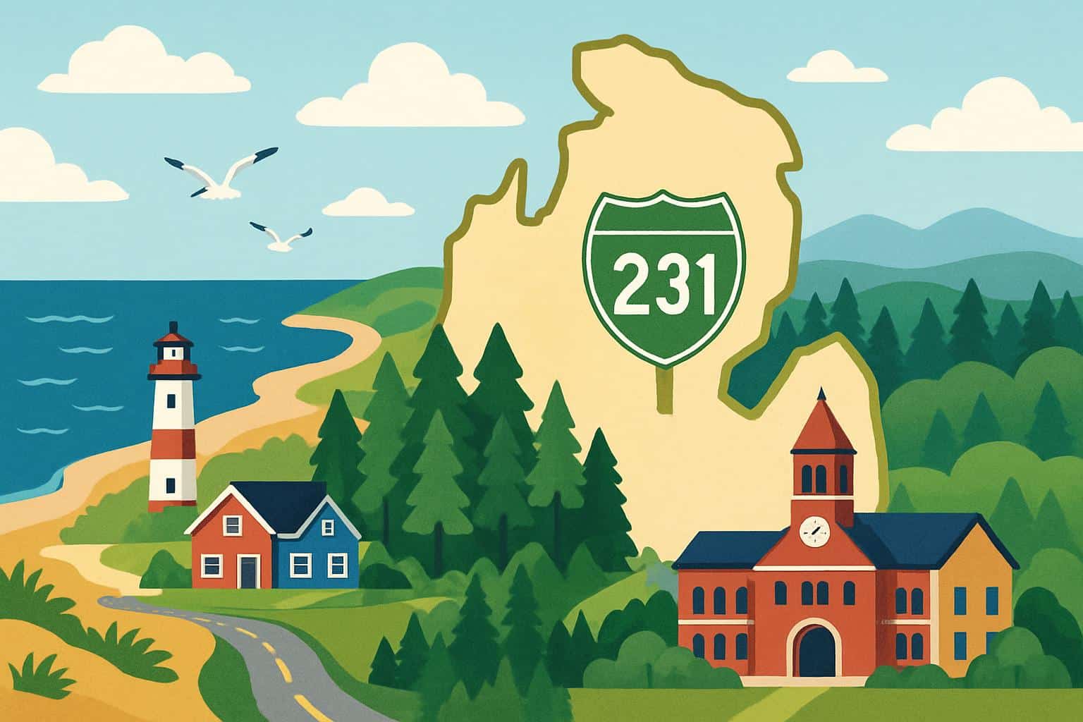 illustration of Area Code 231 with the ocean, lighthouse and forrest.