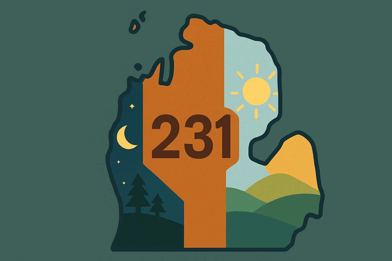 Michigan 231 area code map highlighted; clocks show Eastern Time Zone daylight saving, EST to EDT.