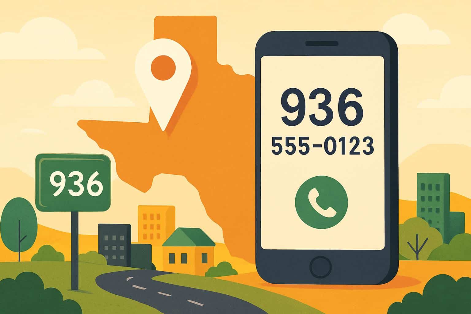 Map of East Texas highlighting area code 936 coverage with Conroe, Huntsville, Lufkin