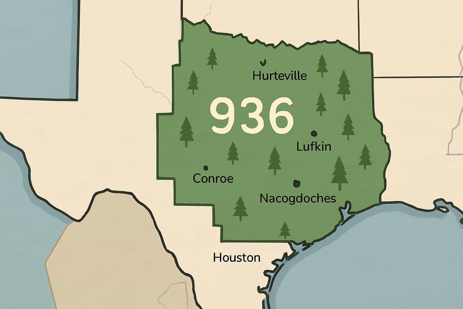 936 area code coverage map, Deep East Texas north of Houston: Piney Woods, Conroe, Nacogdoches