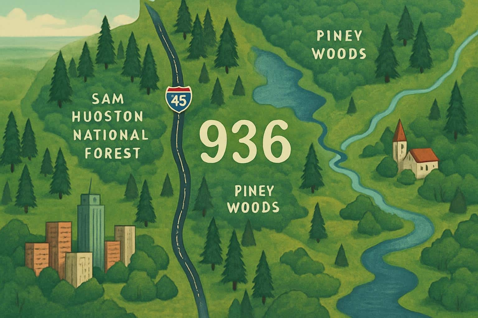 Map of 936 area code in Deep East Texas north of Houston: I-45 corridor, Piney Woods, Central Time