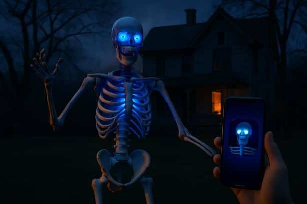 App-powered Ultra Skelly Halloween skeleton prop haunting a yard with glowing eyes