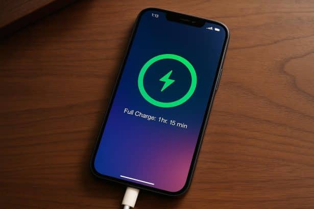 iPhone running iOS 26 shows charging screen with estimated time to full charge