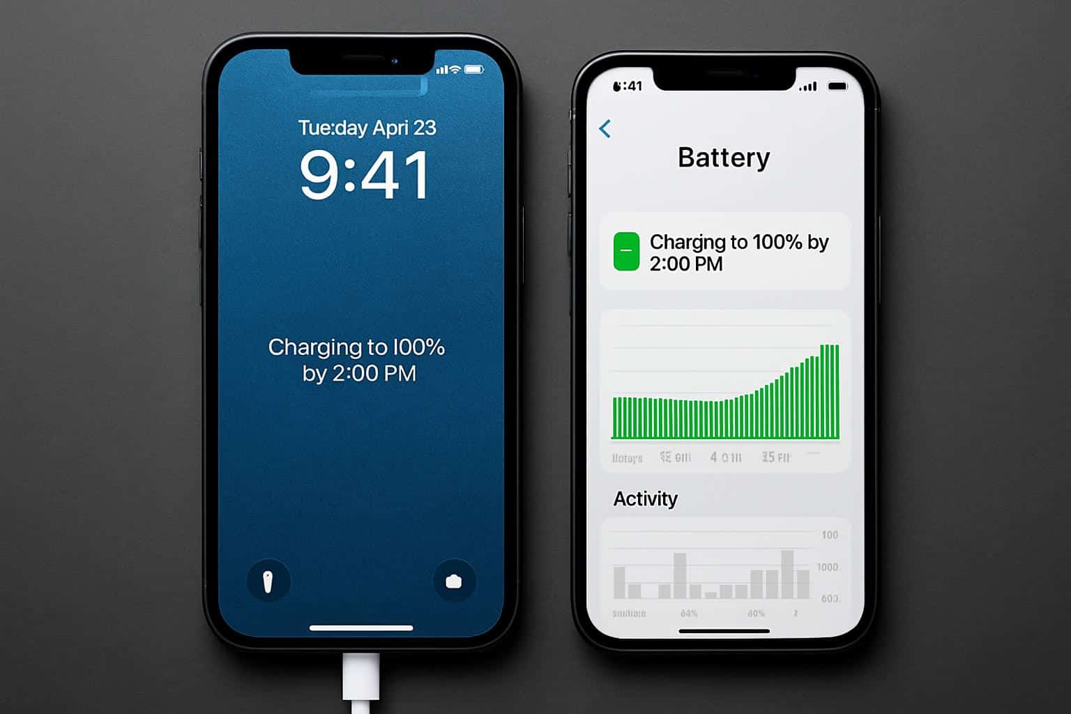iOS 26 iPhone battery screen showing estimated full charge time while charging