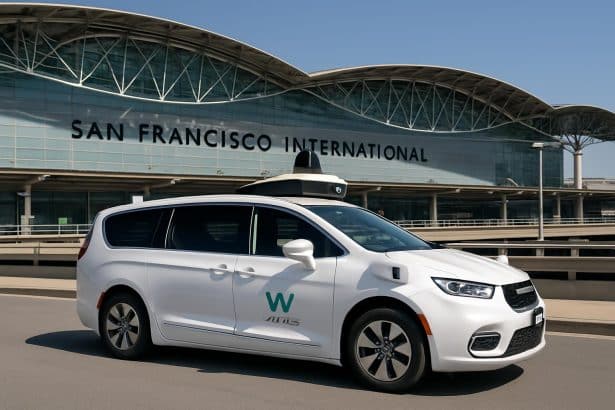 Waymo autonomous vehicle at San Francisco International Airport pickup zone
