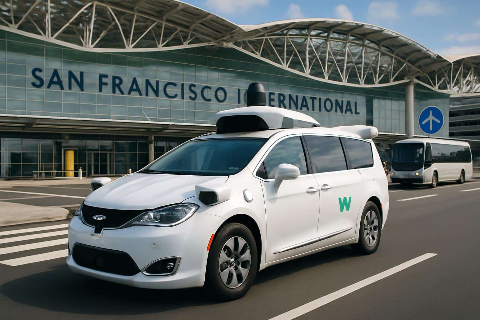 Waymo robotaxi testing autonomous pickups at SFO airport arrivals