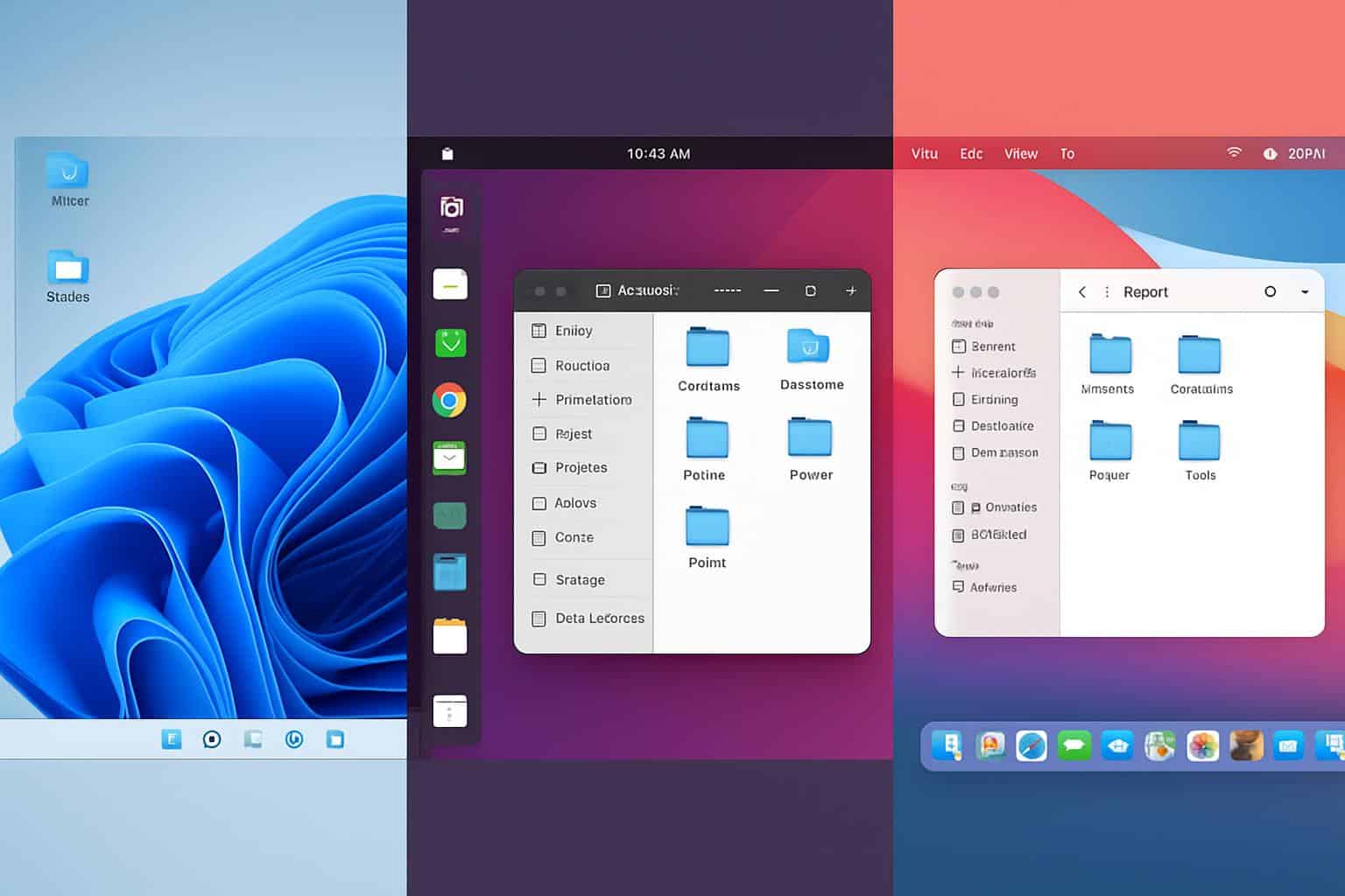 Windows 11 desktop customized to mimic Linux and macOS with dock and icon themes