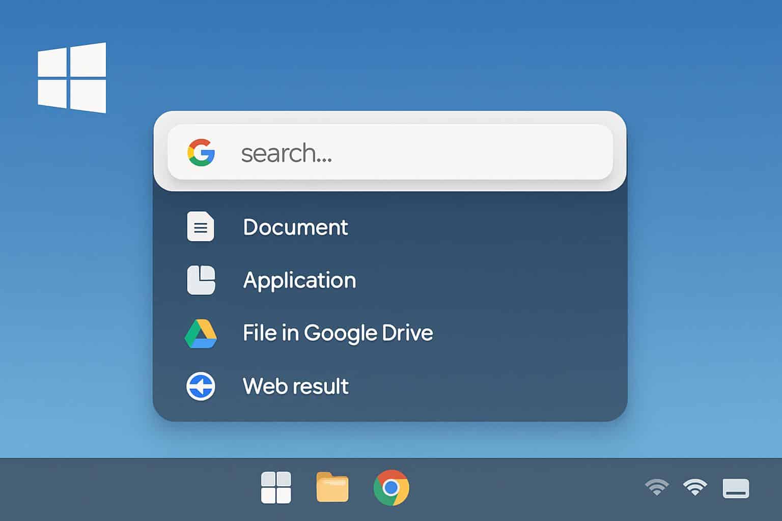 Windows desktop with Google Spotlight-like search bar and logo