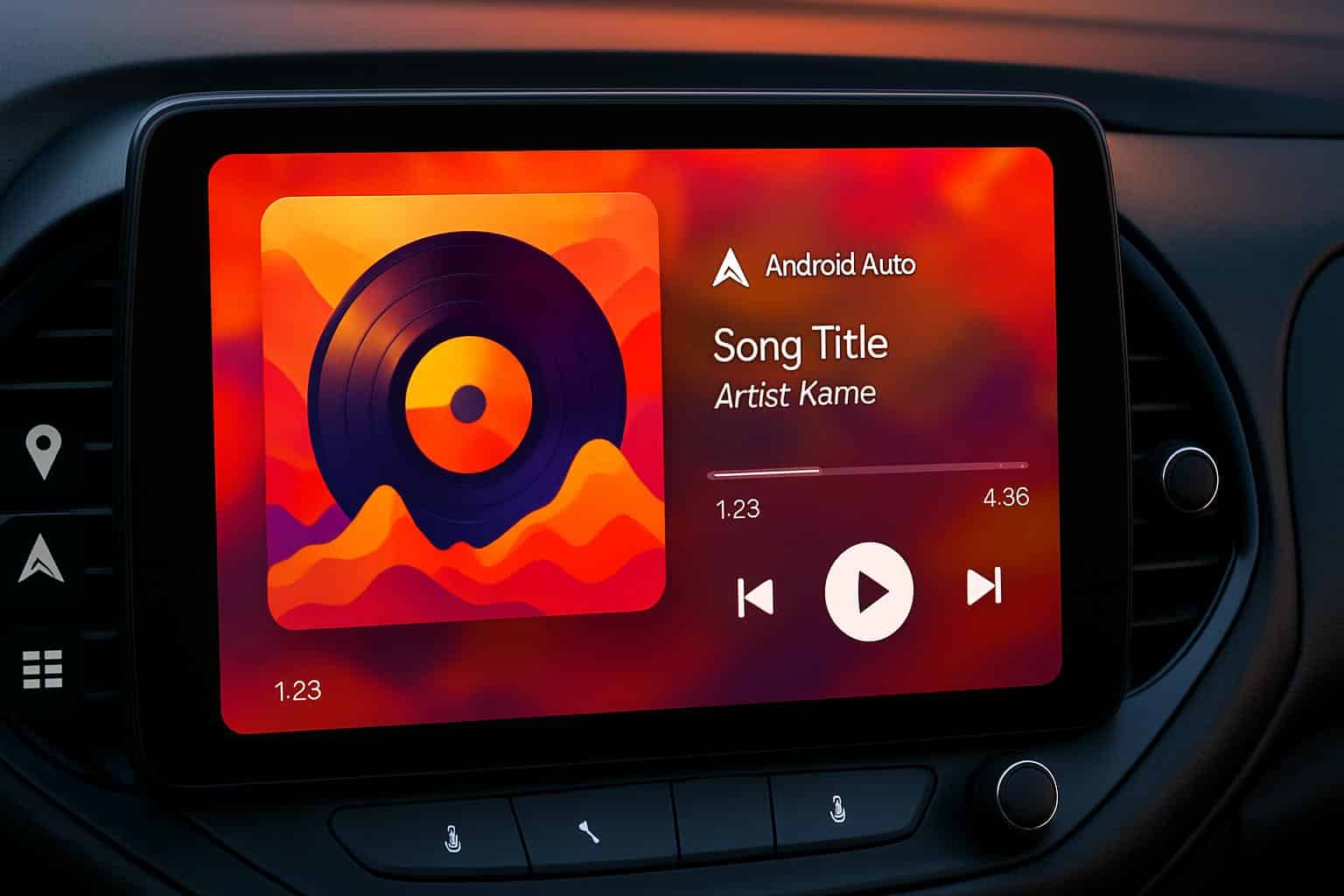 Android Auto car display with album art background on infotainment screen