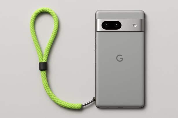 Google  Pixel Rope Wristlet accessory attached to a Pixel phone