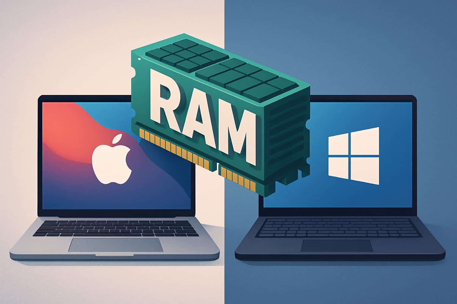 Mac vs Windows RAM comparison with laptops side-by-side and memory usage bars