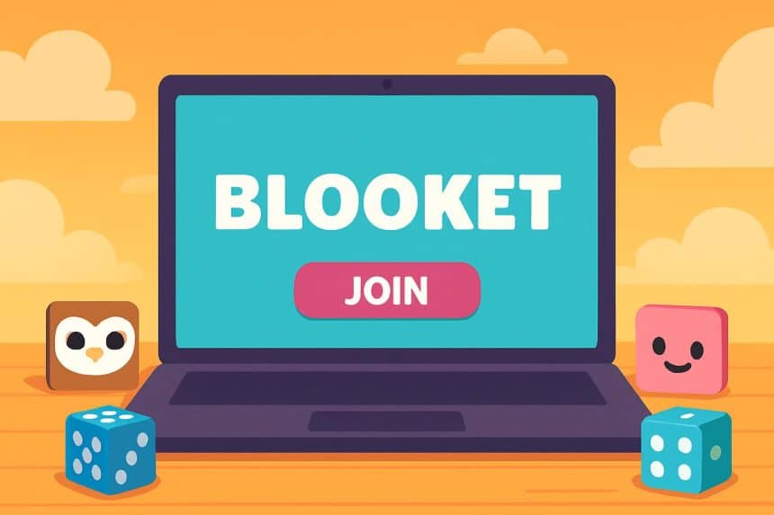 Blooket join concept with code entry keypad, colorful quiz icons, and classroom background