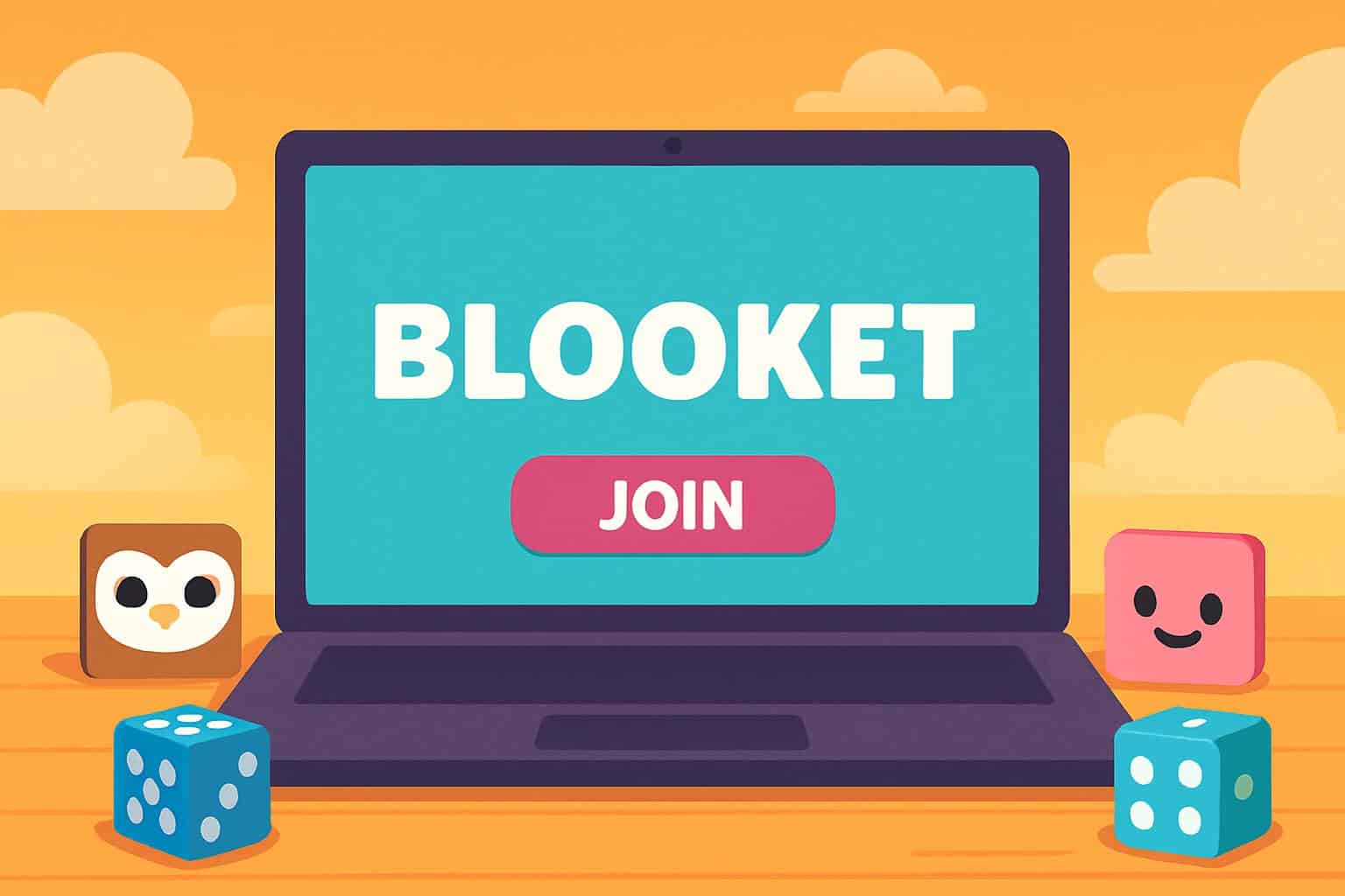 Blooket join concept with code entry keypad, colorful quiz icons, and classroom background